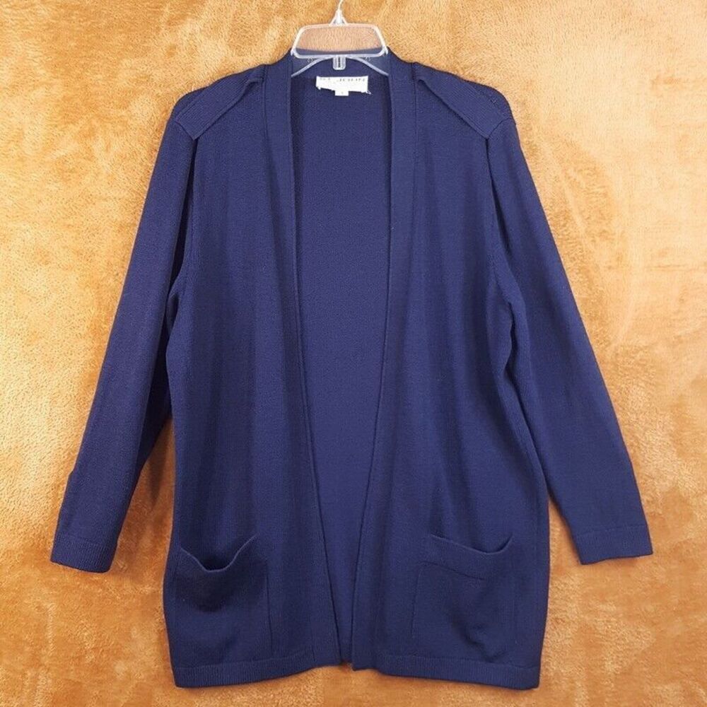 ST JOHN Womens Sweater Small Navy Cardigan Open Oversized Santana Knit Pockets